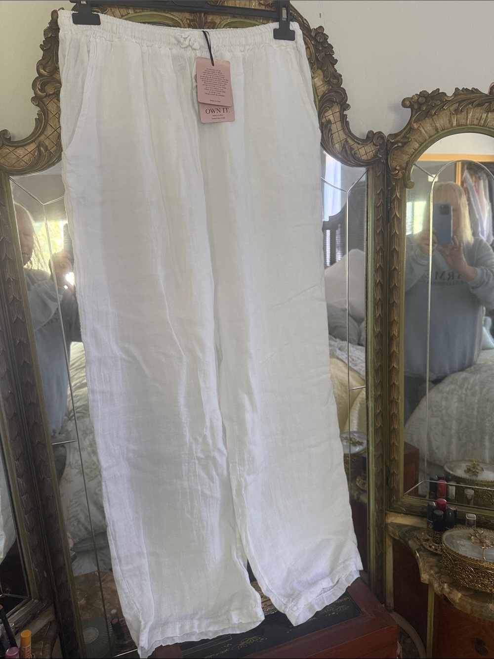 White Linen Wide-Leg Pull-On Pants